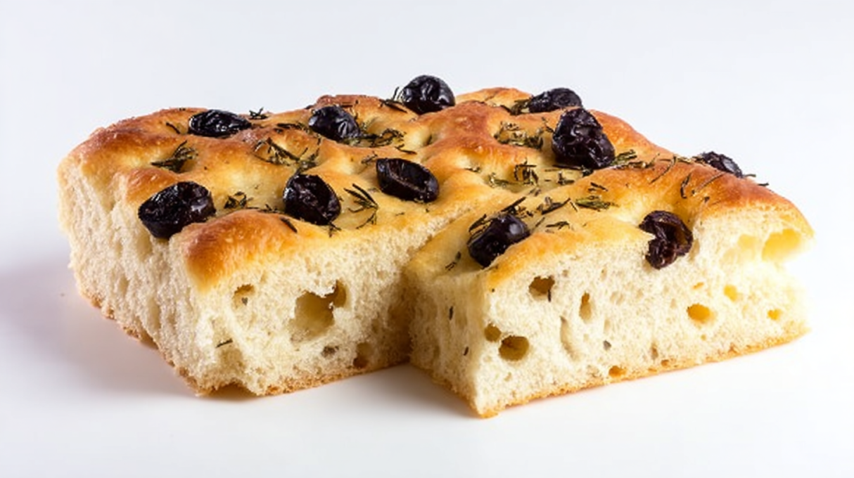 Olive and herb focaccia bread topped with olives, fresh herbs, and olive oil baked until golden and fluffy