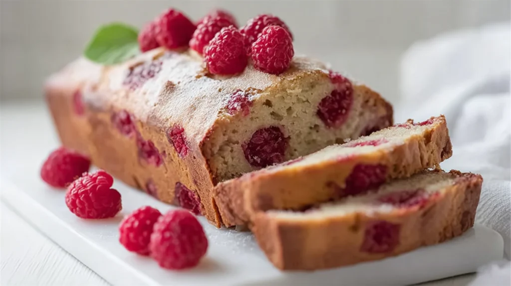 Raspberry bread loaf with a soft crumb, filled with juicy raspberries and a light glaze