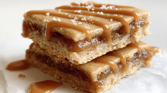 Salted caramel brown sugar pop tart cookie bars layered with caramel filling and topped with glaze