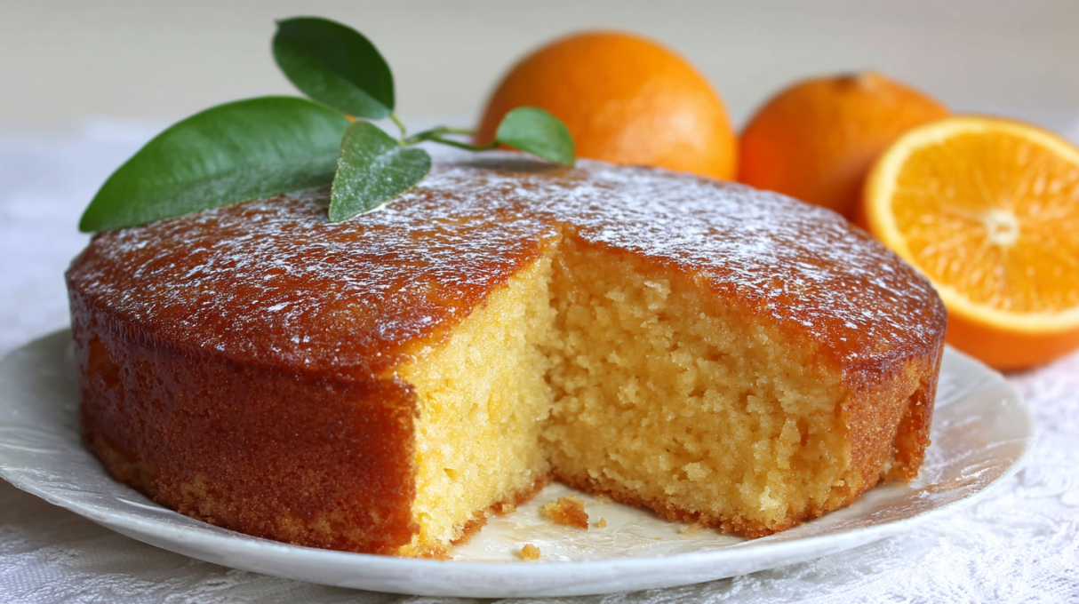 Moist Sicilian whole orange cake made with blended fresh oranges and topped with powdered sugar
