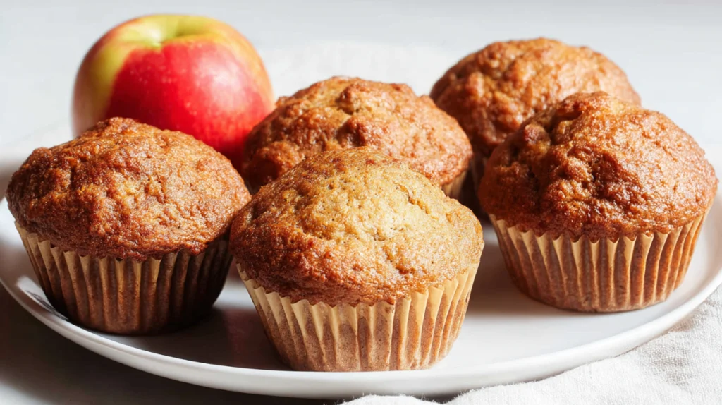 Sourdough discard apple muffins baked with fresh apple pieces and a soft golden crumb