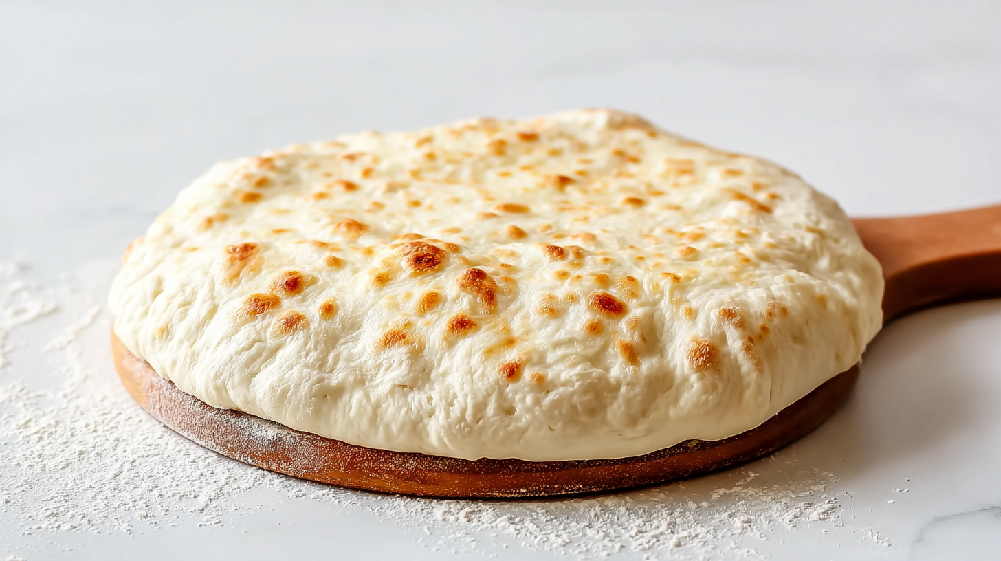 Sourdough discard pizza dough rolled out with a slightly puffy crust and ready for toppings