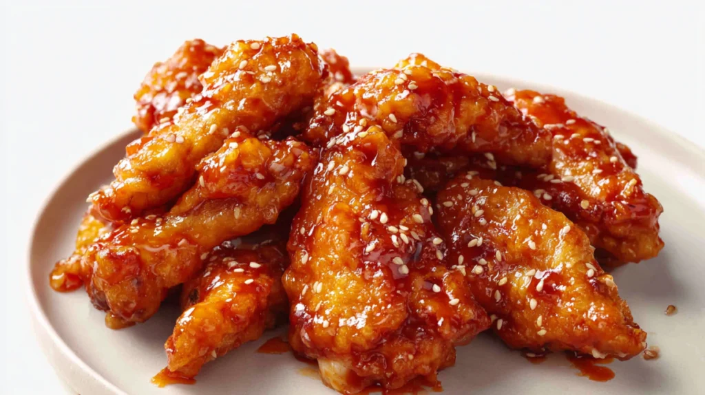 Spicy sriracha chicken glazed in a sticky chili sauce and garnished with sesame seeds and green onions