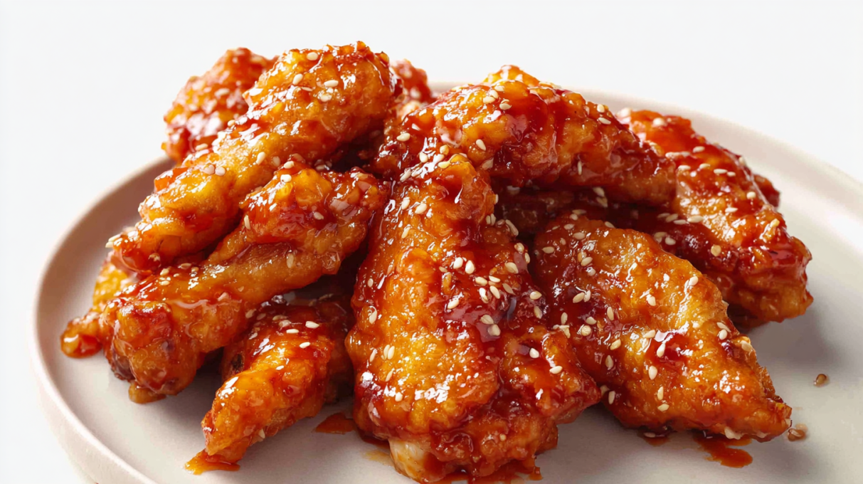 Spicy sriracha chicken glazed in a sticky chili sauce and garnished with sesame seeds and green onions