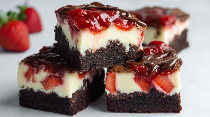 Strawberry cheesecake brownies with swirls of creamy cheesecake and fresh strawberry flavor