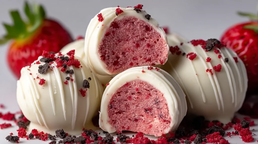 Strawberry cheesecake Oreo truffles coated in chocolate with a creamy strawberry filling