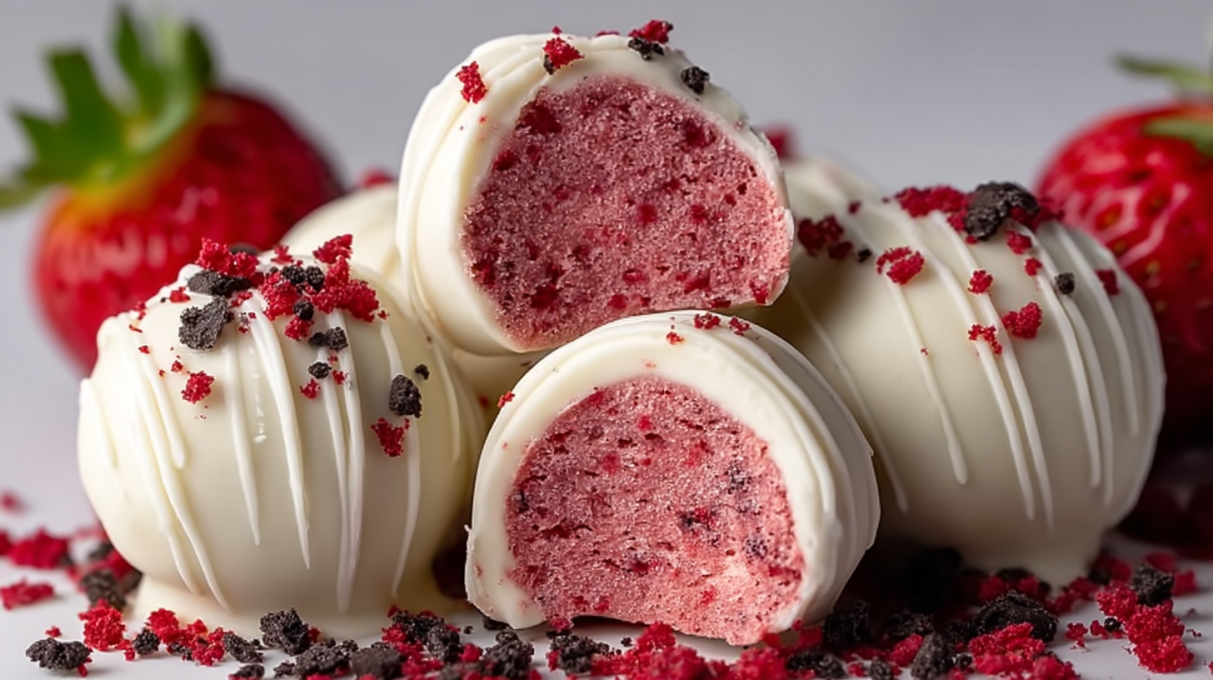 Strawberry cheesecake Oreo truffles coated in chocolate with a creamy strawberry filling