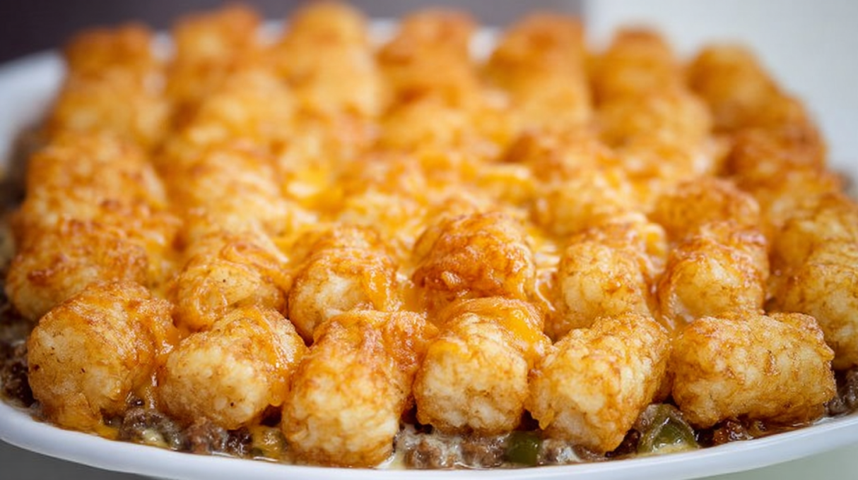 Tater tot casserole with crispy golden tots, melted cheese, and savory beef filling.