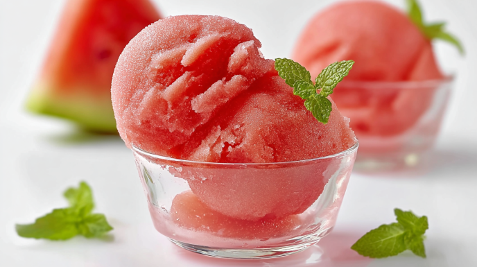 Refreshing watermelon sorbet scoops made with fresh watermelon and a smooth icy texture