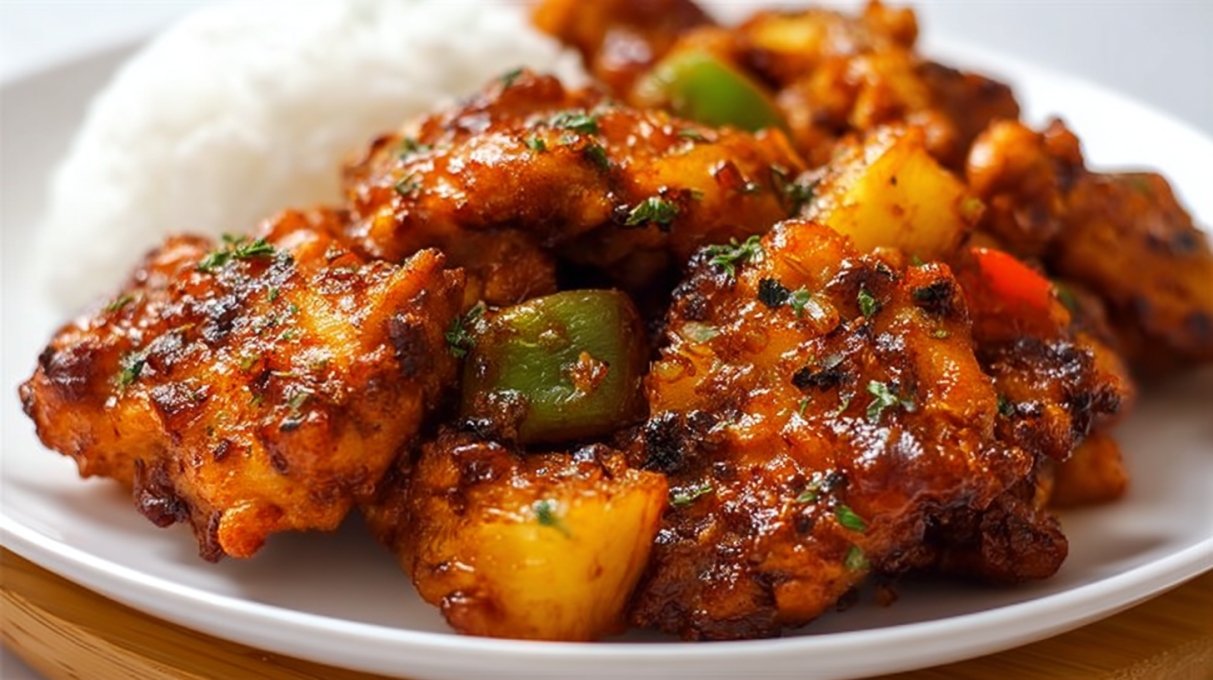 Air fryer Hawaiian chicken with juicy chicken pieces glazed in a sweet pineapple sauce
