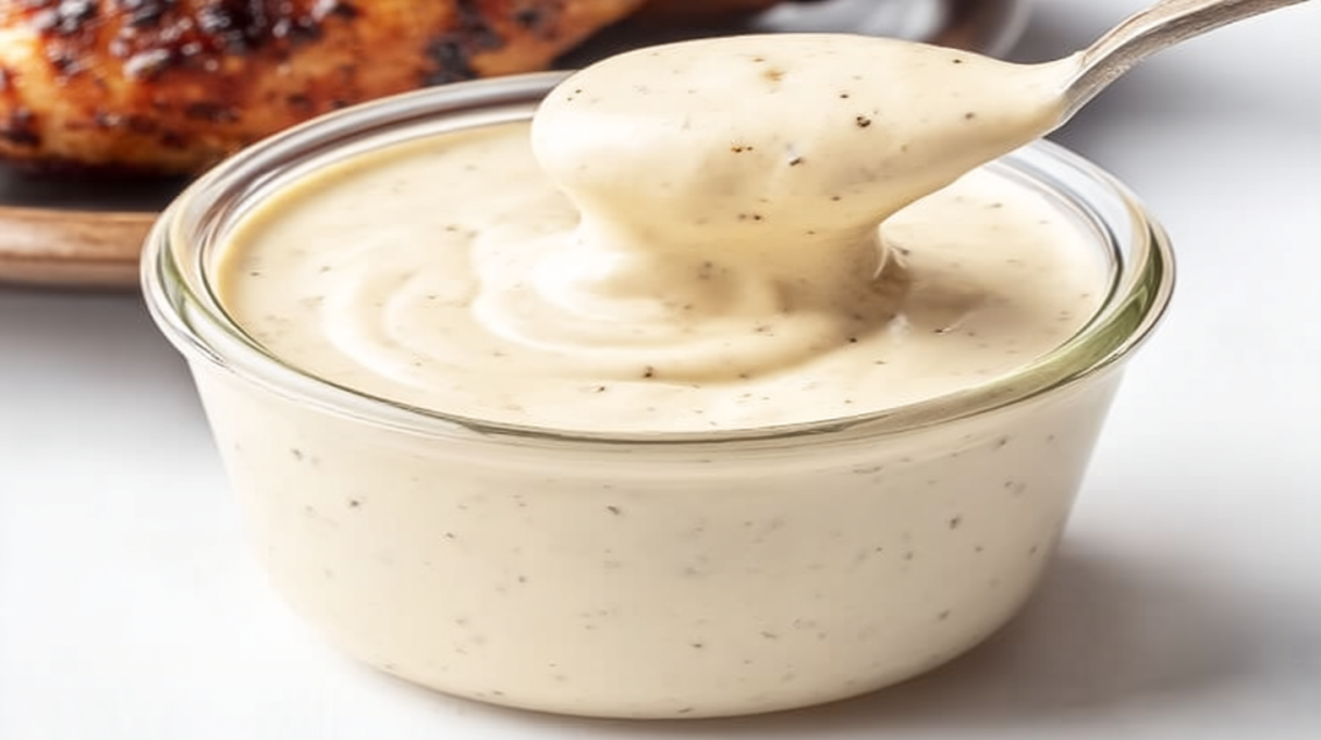Alabama white sauce served in a bowl, creamy and tangy with visible pepper and seasoning