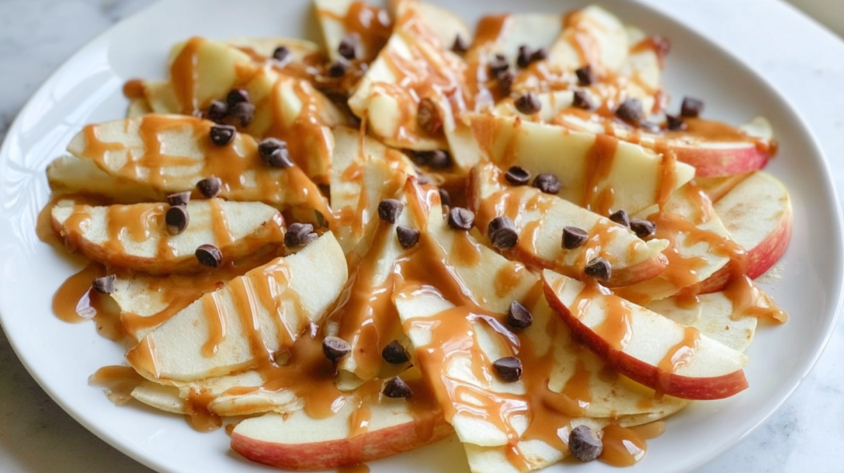 Apple nachos with sliced apples drizzled with chocolate and caramel topped with nuts and candy pieces