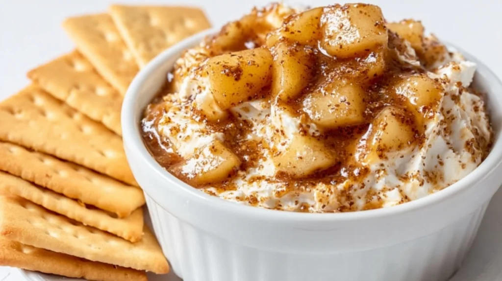 Apple pie dip served warm with cinnamon apple filling and dippers like graham crackers or cookies