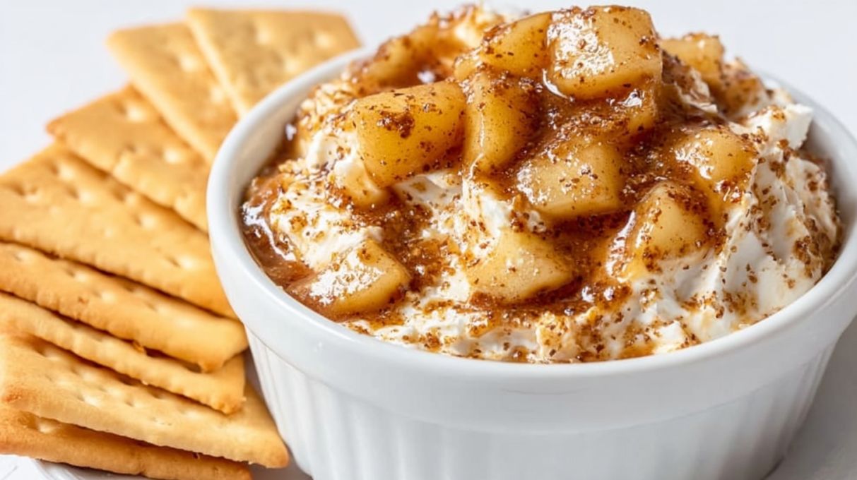 Apple pie dip served warm with cinnamon apple filling and dippers like graham crackers or cookies