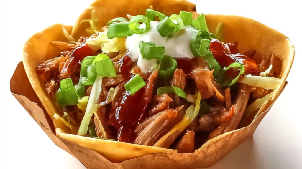 BBQ pork walking tacos with shredded barbecue pork, crunchy chips, cheese, and toppings served in snack bags