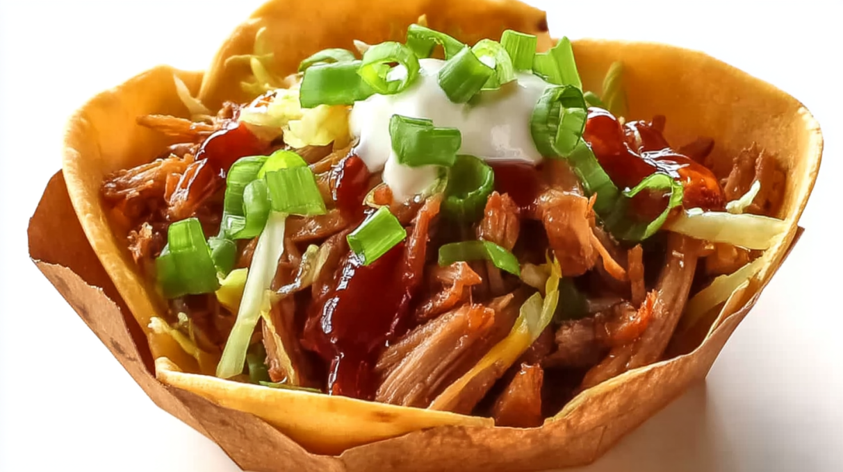 BBQ pork walking tacos with shredded barbecue pork, crunchy chips, cheese, and toppings served in snack bags