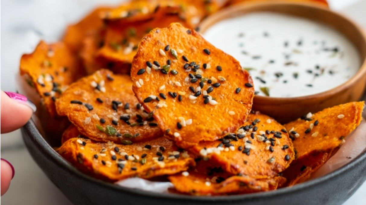 Bagel sweet potato chips baked until crispy and seasoned with everything bagel seasoning