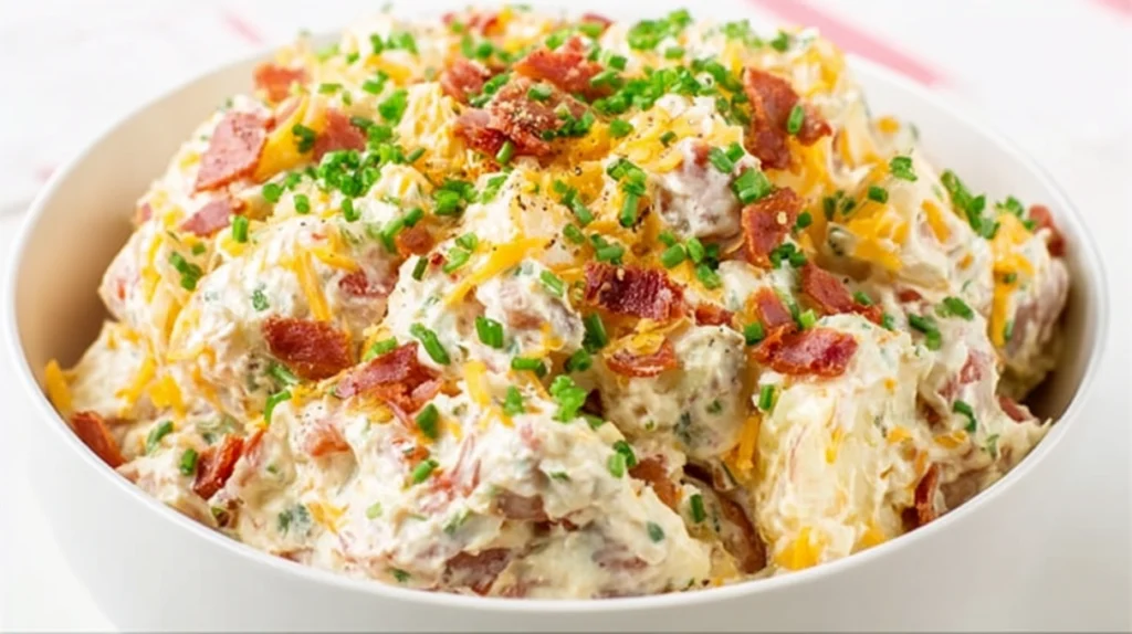 Creamy baked potato salad loaded with crispy bacon, cheese, green onions, and tender roasted potatoes.