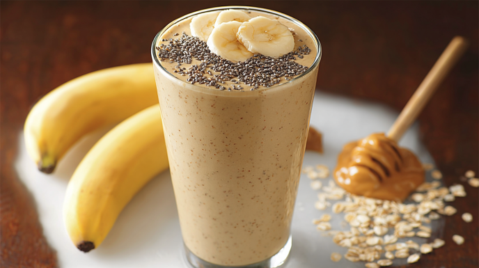 Banana peanut butter chia smoothie blended until creamy, topped with chia seeds and served in a glass