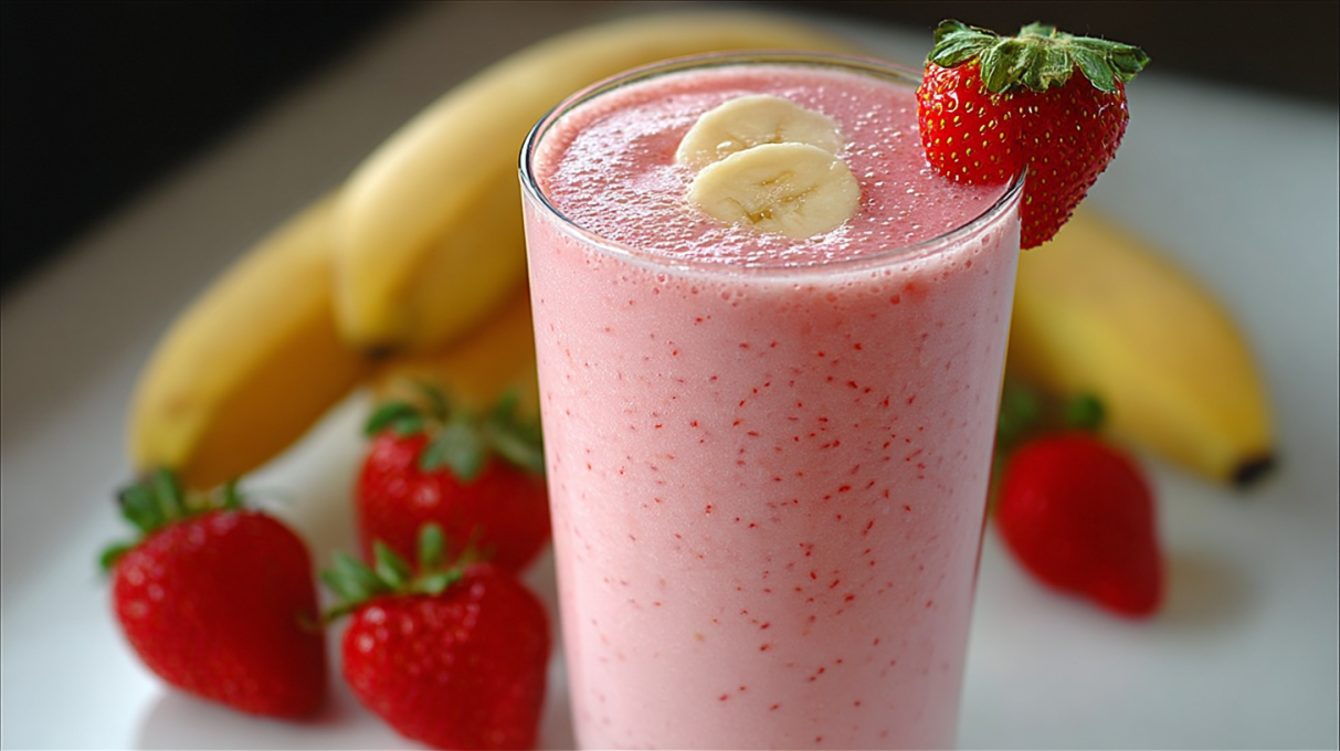 Banana strawberry smoothie blended until creamy, served in a glass with fresh strawberries on top