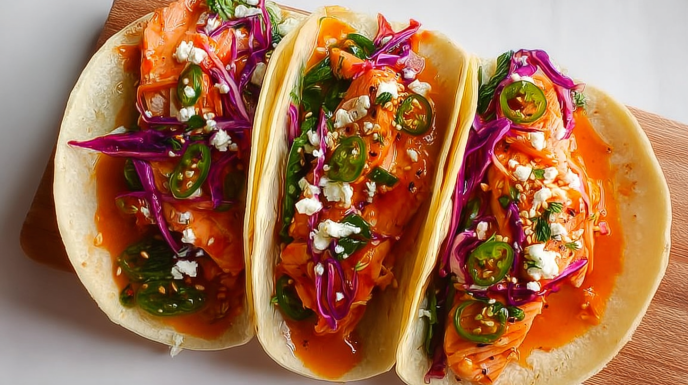 Bang bang salmon tacos with flaky salmon, creamy spicy sauce, and fresh toppings in soft tortillas