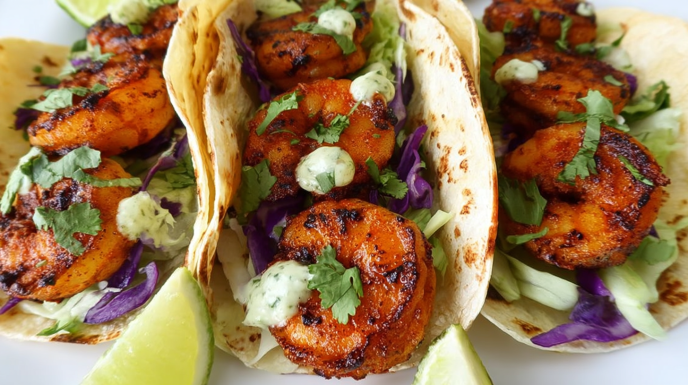 Blackened shrimp tacos with seasoned shrimp, fresh toppings, and creamy sauce in soft tortillas