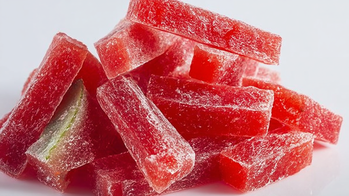 Candied watermelon rinds coated in sugar with a glossy finish and chewy texture