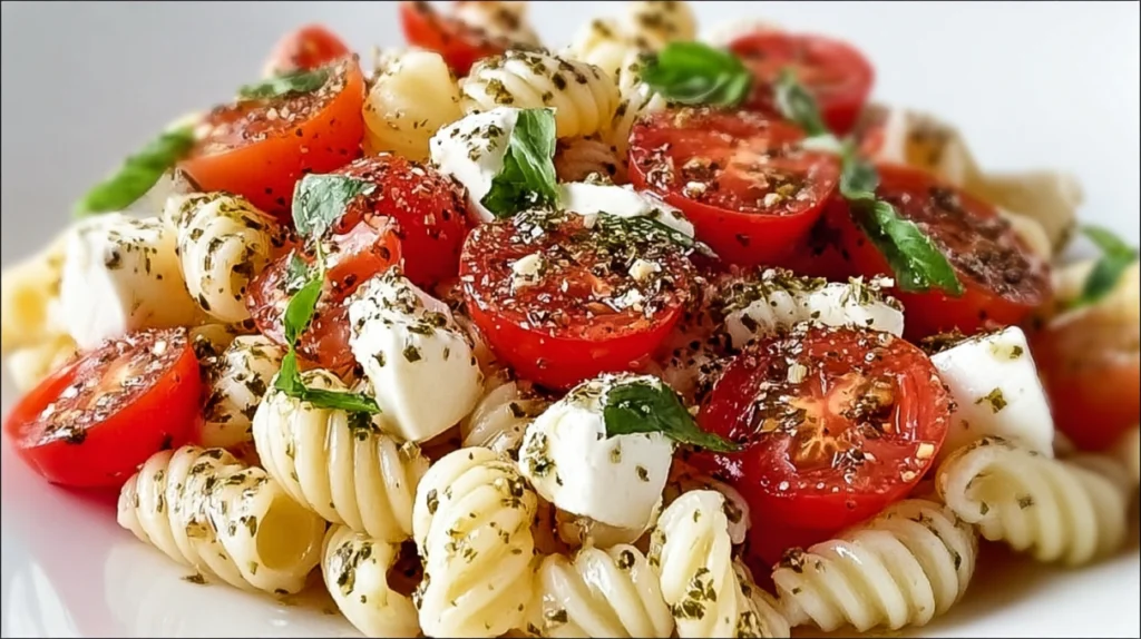 Caprese pasta salad with pasta, cherry tomatoes, mozzarella, basil, and balsamic dressing