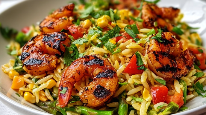 Caribbean grilled jerk shrimp orzo salad with seasoned shrimp, orzo pasta, and fresh vegetables