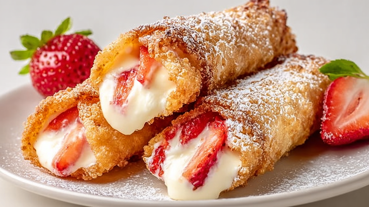 Cheese strawberry egg rolls filled with creamy cheese and sweet strawberries, fried until golden