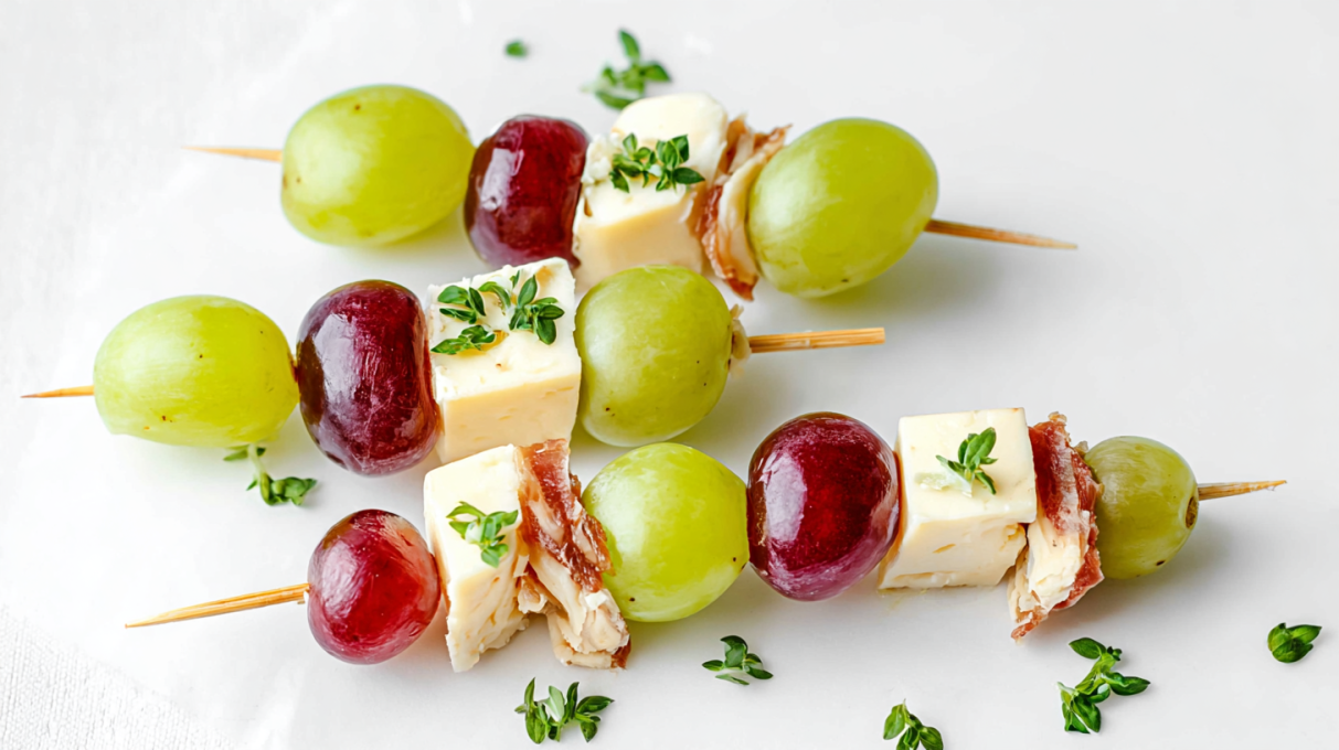 Cheese and grape skewers with cubes of cheese and fresh grapes arranged on appetizer sticks