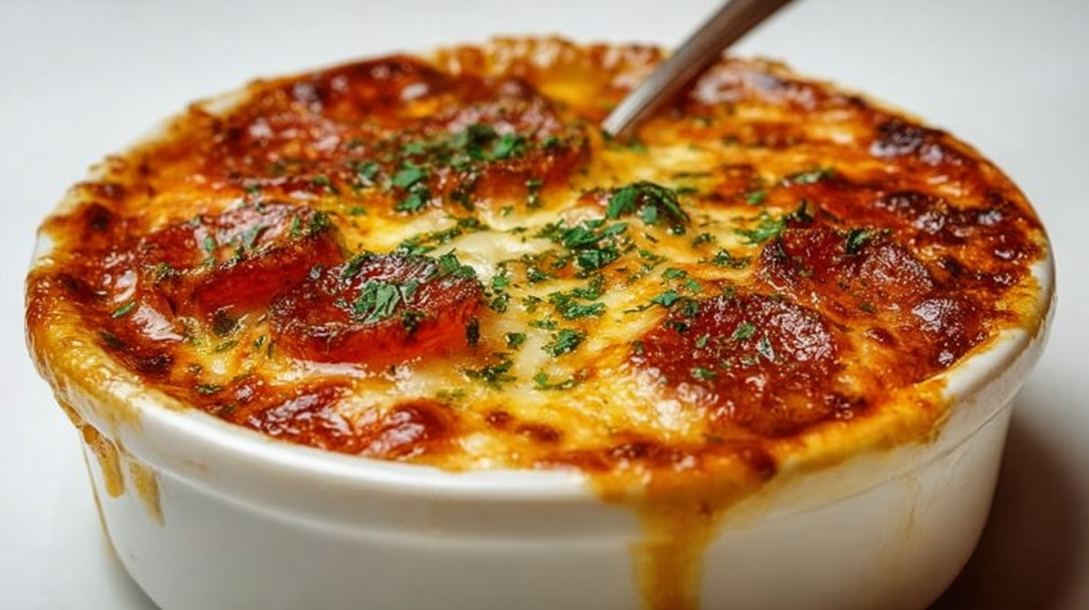 Cheesy pizza soup with melted cheese, pepperoni, and tomato broth served in a bowl