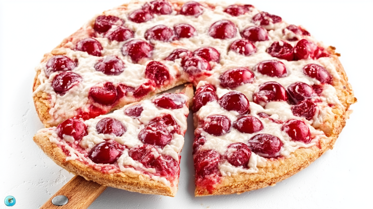 Cherry dessert pizza with a golden crust topped with sweet cherry filling and a light glaze