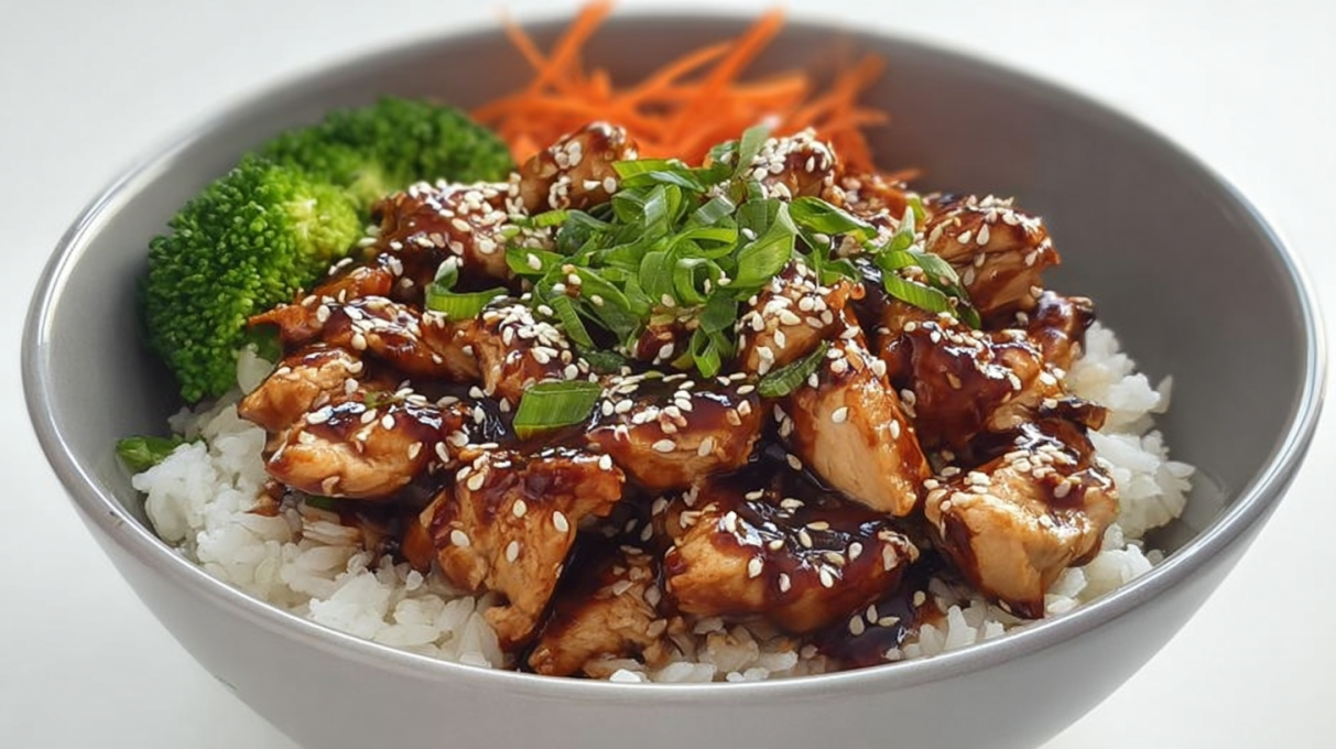 Chicken teriyaki bowl with glazed chicken, rice, and fresh vegetables topped with sesame seeds