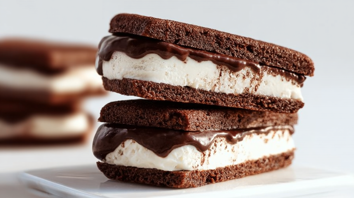 Chocolate sourdough ice cream sandwiches with chewy chocolate cookies and creamy ice cream filling