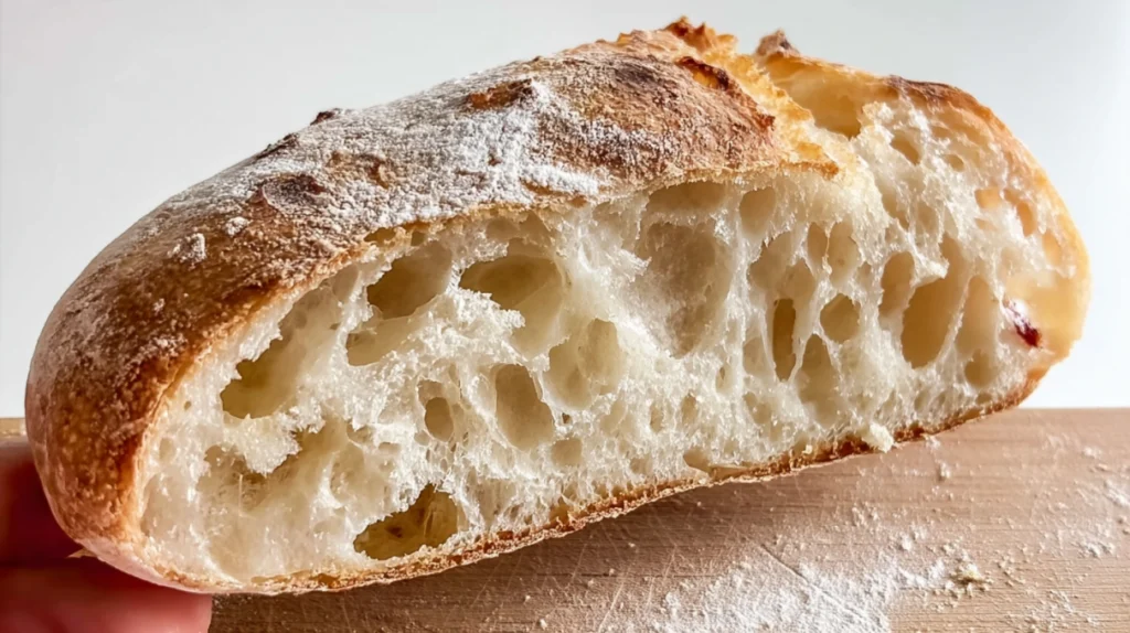 Ciabatta bread loaf with a crispy crust and airy open crumb texture