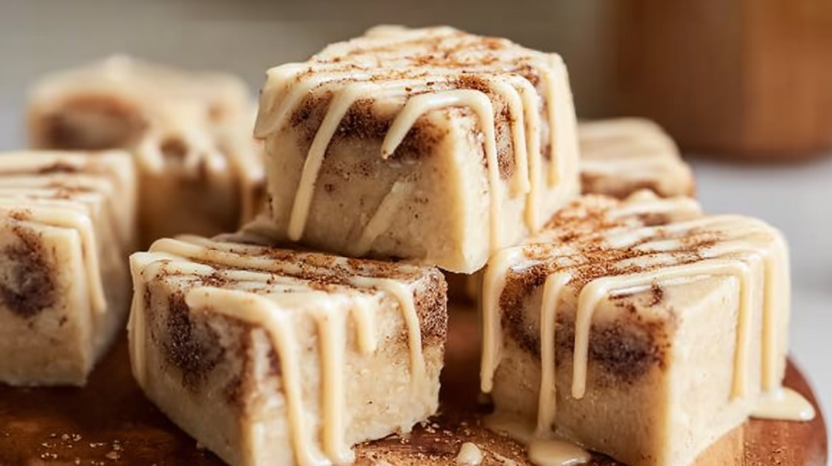 Cinnamon roll fudge squares with creamy swirls of cinnamon and icing flavor on top