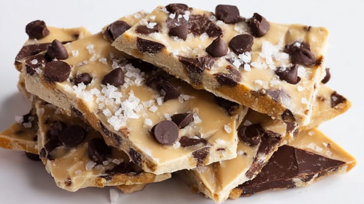 Cookie dough bark with layers of edible cookie dough and chocolate topped with chocolate chips