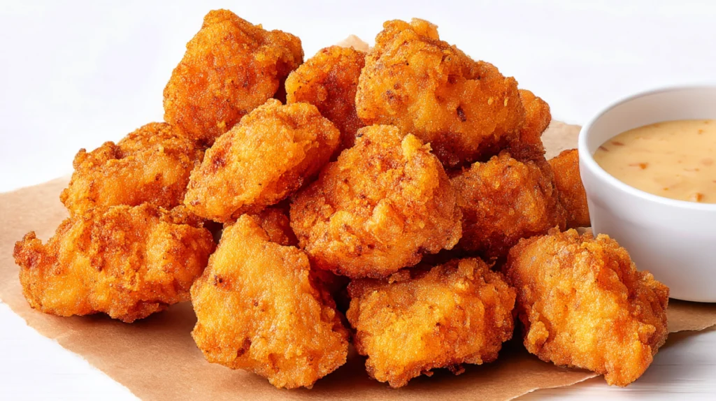 Copycat Chick Fil A nuggets with crispy golden coating served with dipping sauce