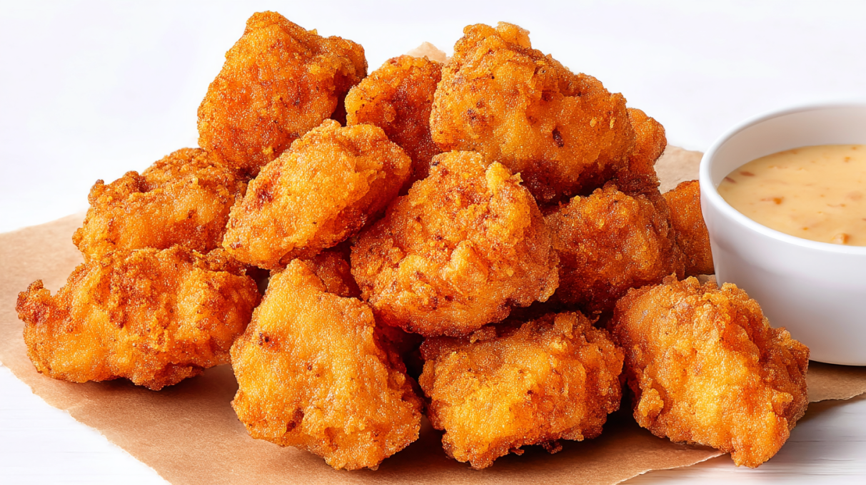 Copycat Chick Fil A nuggets with crispy golden coating served with dipping sauce