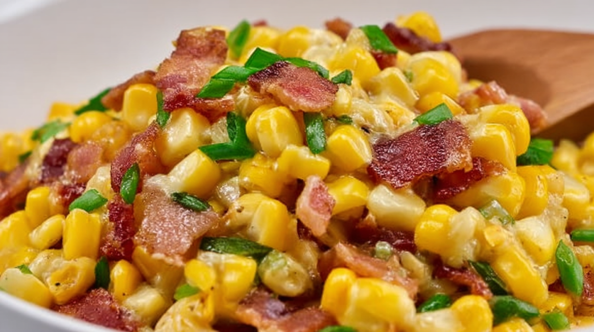 Fresh corn and bacon salad tossed with crispy bacon, sweet corn, herbs, and creamy dressing in a serving bowl.