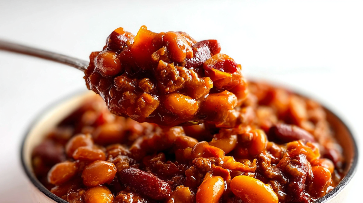Cowboy baked beans simmered with ground beef, bacon, and a rich sweet-savory sauce