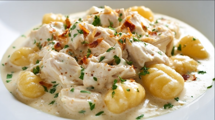 Crack chicken gnocchi with creamy sauce, tender chicken, soft gnocchi, and crispy bacon