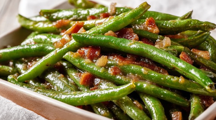 Crack green beans cooked with bacon, butter, and savory seasonings in a skillet
