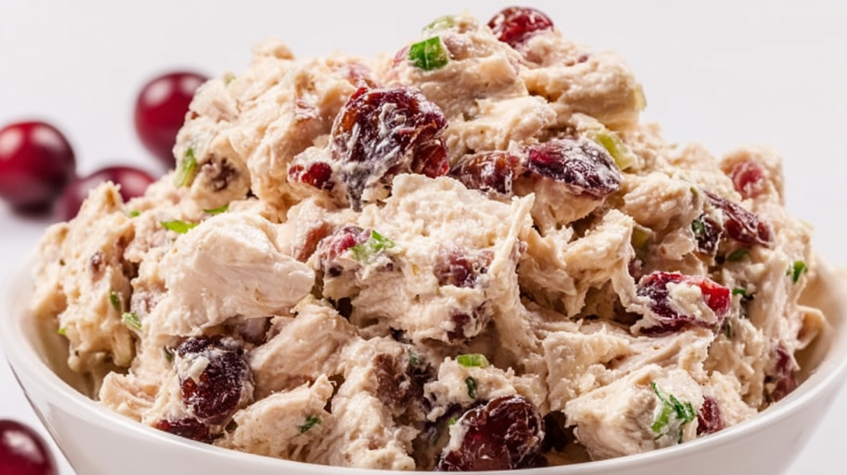 Cranberry chicken salad with shredded chicken, dried cranberries, and creamy dressing served in a bowl