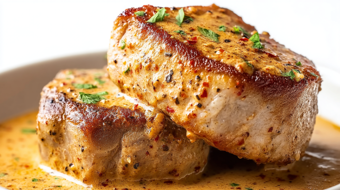 Creamy Cajun Pork Chops seasoned with bold spices and seared until golden and juicy
