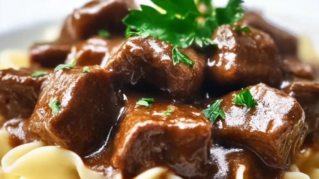 Crockpot beef tips and noodles with tender beef in rich gravy served over egg noodles