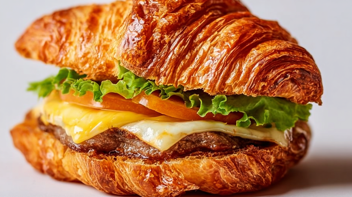Croissant smash burger with a juicy beef patty, melted cheese, and toppings inside a flaky croissant bun