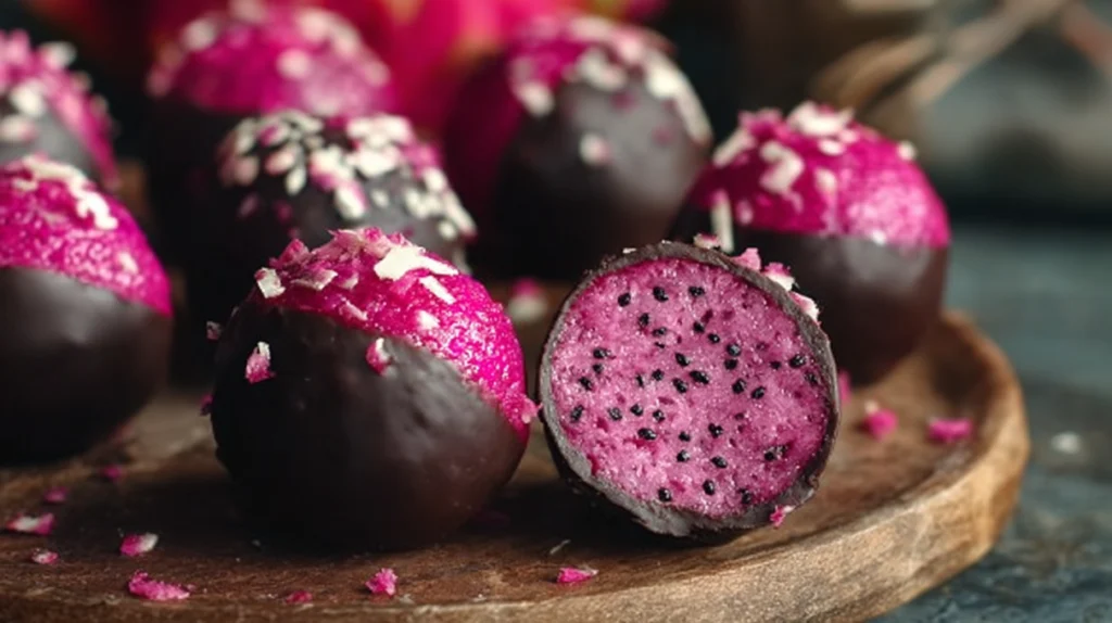 Dark chocolate dragon fruit coconut treats with vibrant pink filling coated in rich chocolate and sprinkled with coconut