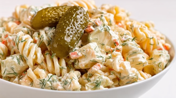 Dill pickle pasta salad with tender pasta, chopped pickles, and creamy dressing